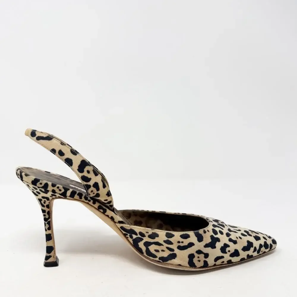 Manolo Blahnik Carolyne Leopard Print Canvas Slingback Heels Womens Size EU 38.5 - Picture 6 of 9